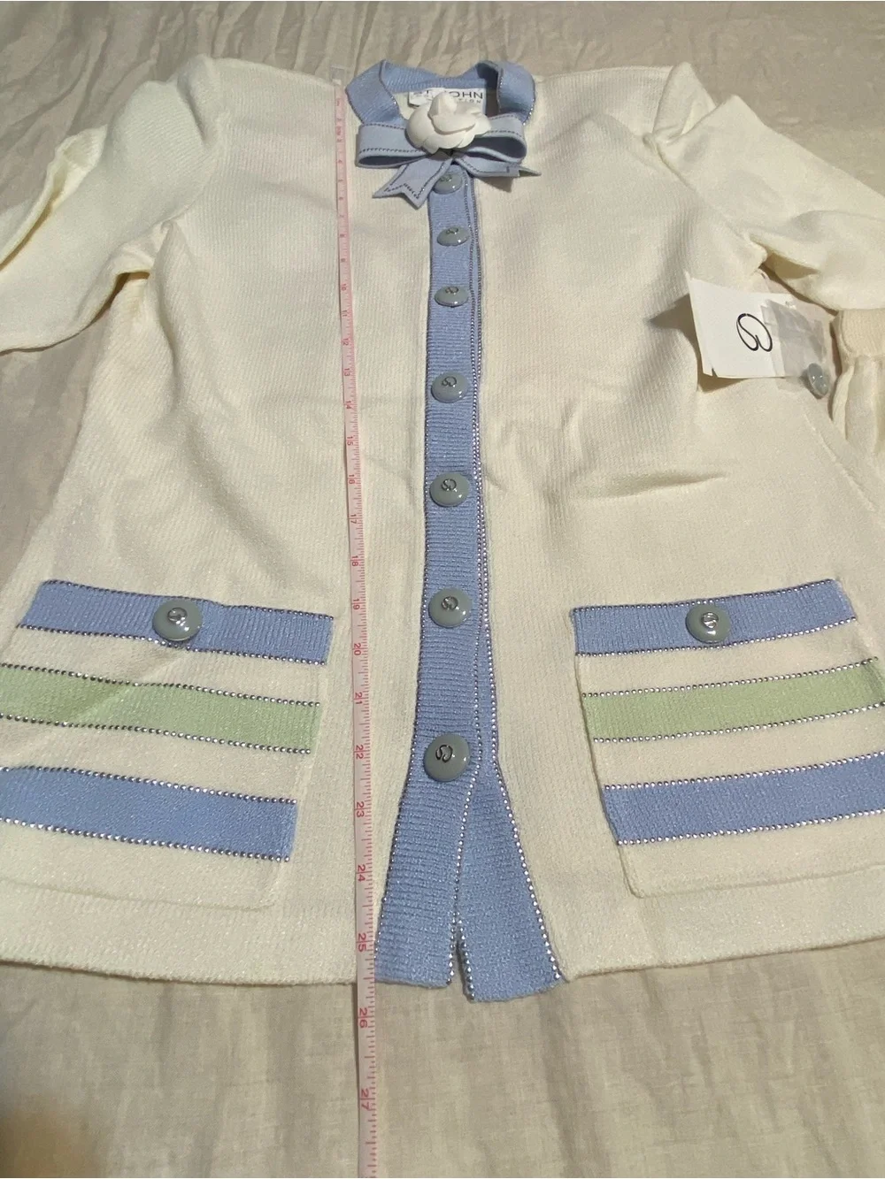 St. John Cream Knit Cardigan & Pleated Skirt with Blue and Mint Trim